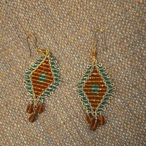 Handcrafted Gold and Brown and teal Earrings